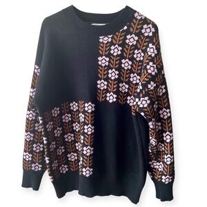 Polagram Black Sweater with Pink and Brown Floral Design